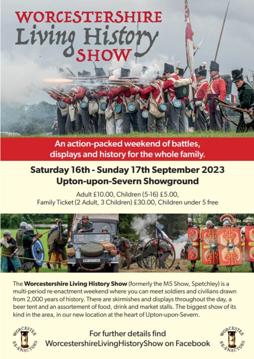 Poster with information on Worcestershire Living History Show with images of battle re-enactment