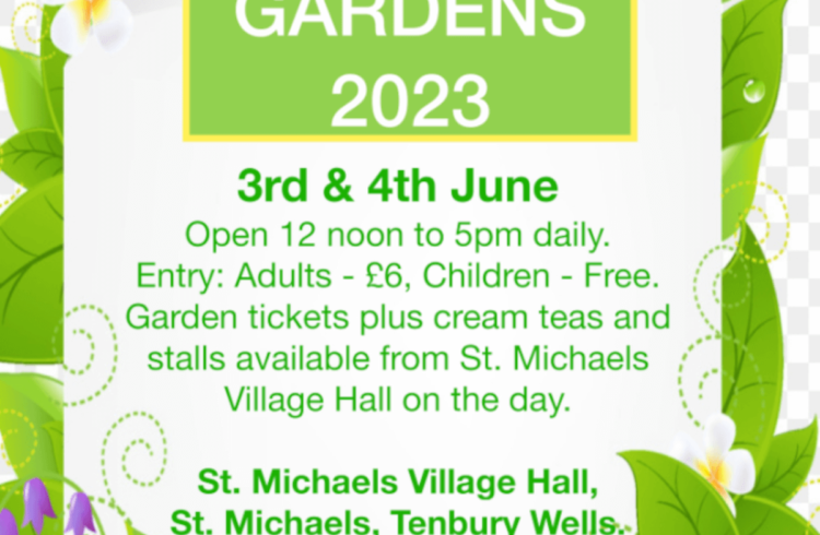 Poster for open gardens with crocuses, grass and yellow butterflies