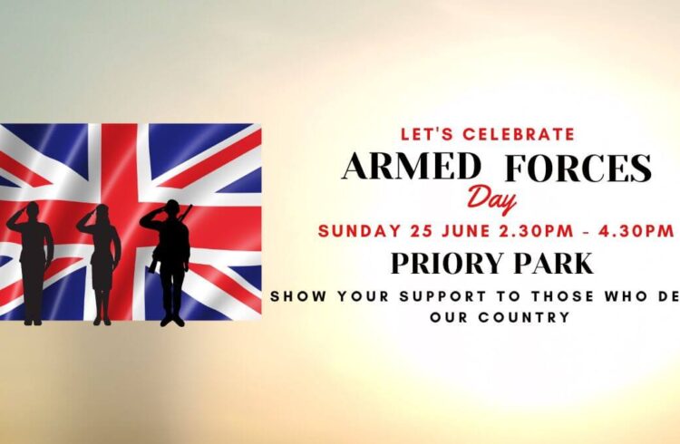 Armed Forces Day image with silhouettes of forces personnel in front of a Union flag