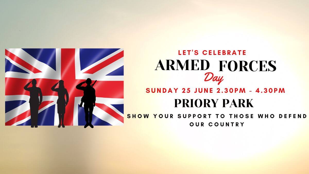 Armed Forces Day image with silhouettes of forces personnel in front of a Union flag