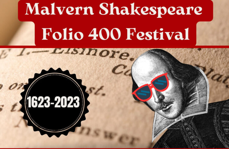 Graphic poster with a page of a book in the background and a drawing of Shakespeare wearing sunglasses
