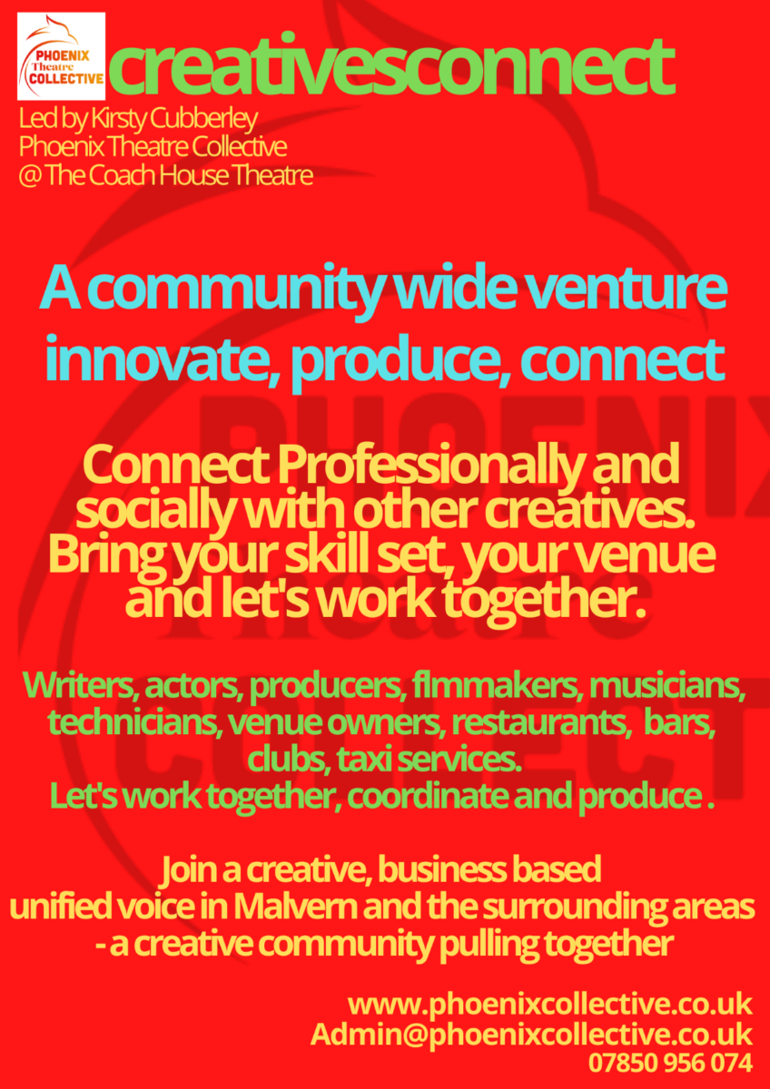 red poster with green, yellow and blue writing explaining the creatives connect initiative