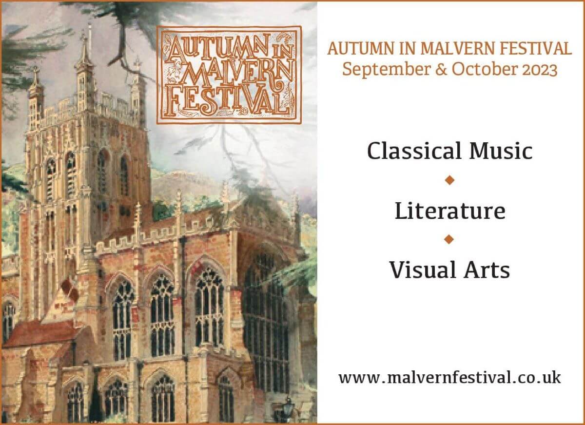 Autumn in Malvern poster with illustration of Great Malvern Priory