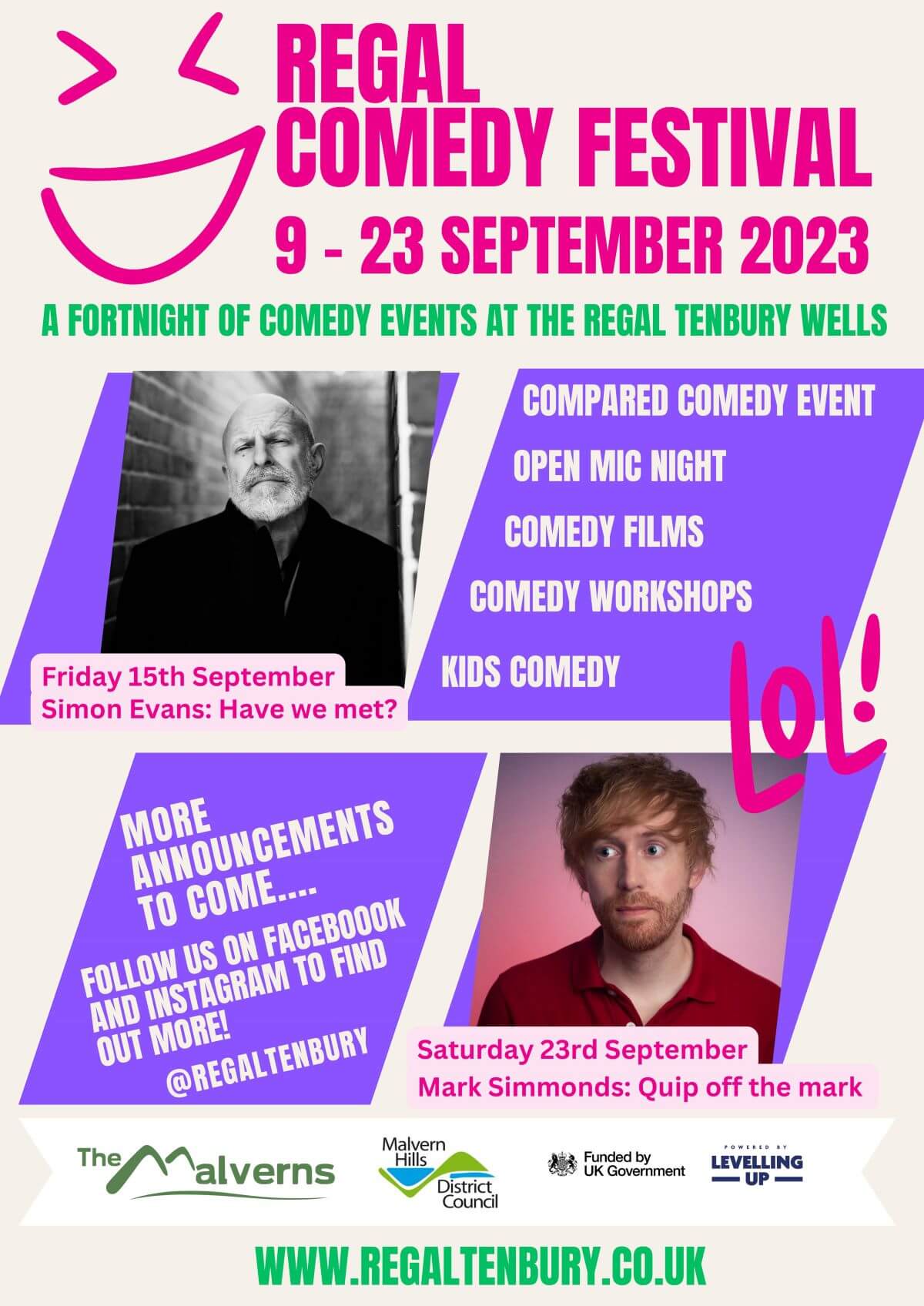 Comedy poster with bright pink, purple and green writing