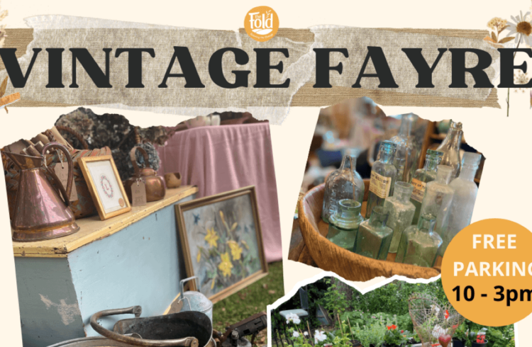 A poster for the vintage fair with images of vintage and antique stalls