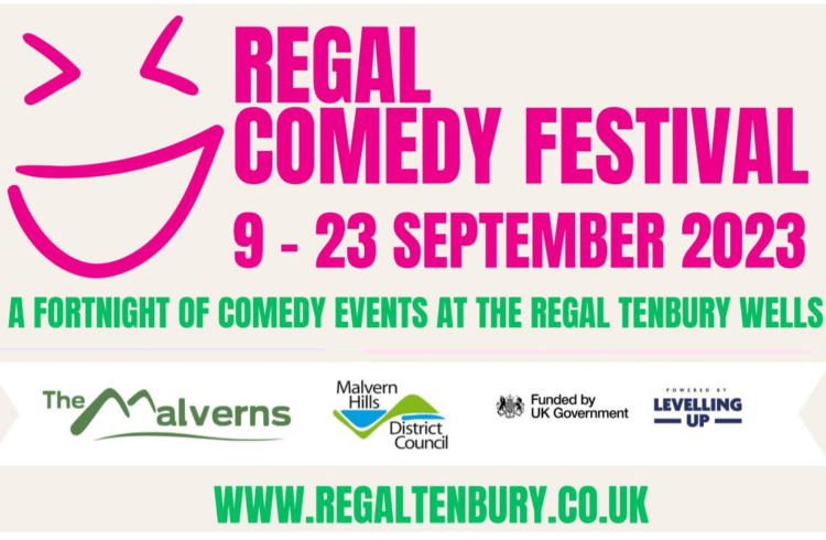Comedy festival banner with bright pink and green writing