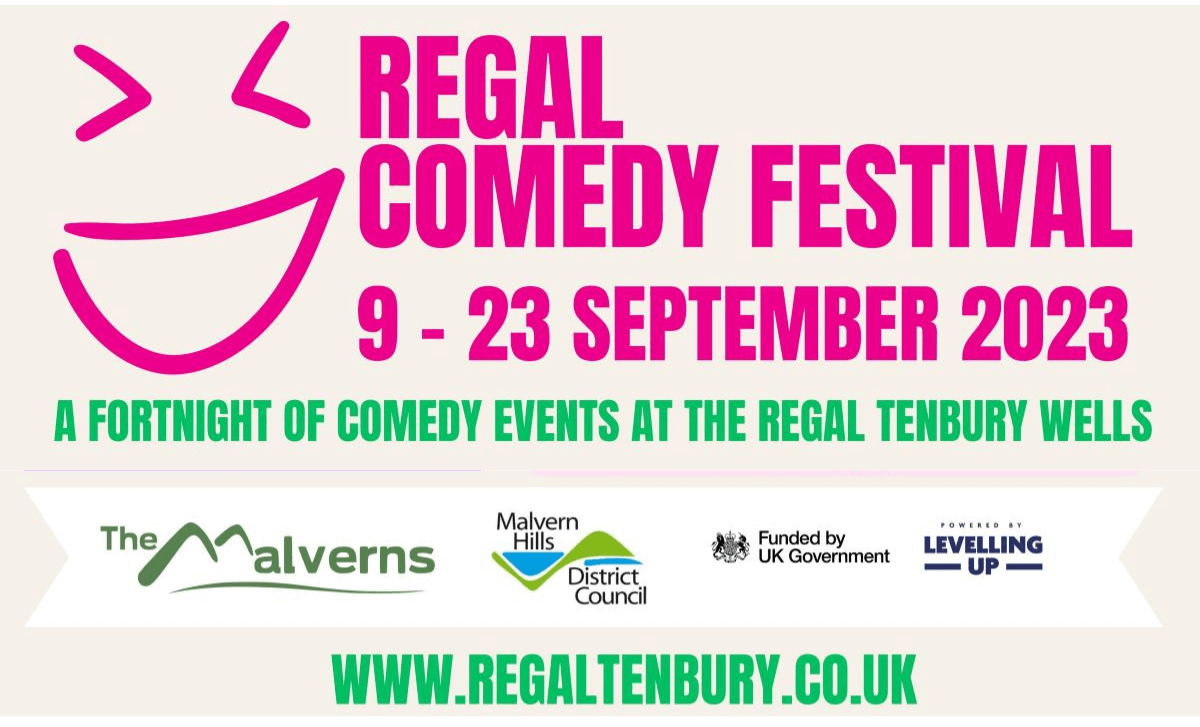 Comedy festival banner with bright pink and green writing 