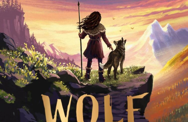 an illustrated children's book cover showing a person and a wolf standing on a mountain overlooking the sunset