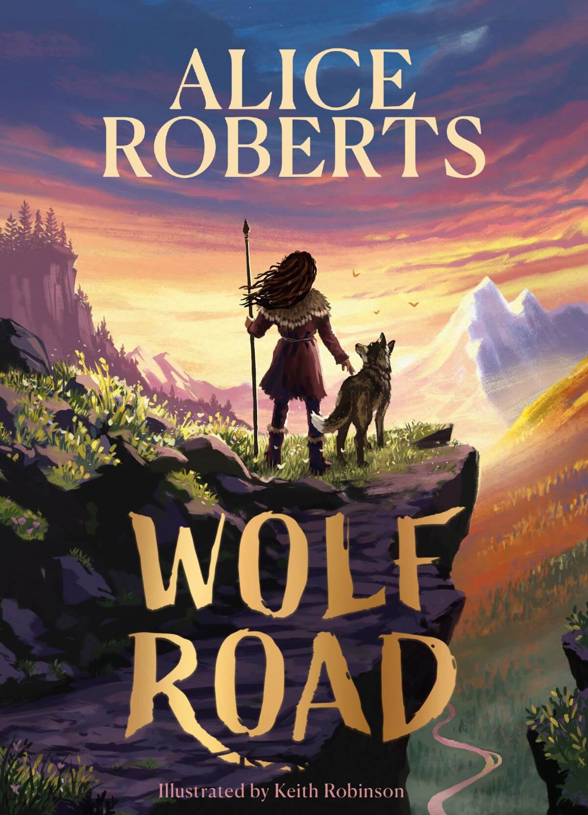an illustrated children's book cover showing a person and a wolf standing on a mountain overlooking the sunset