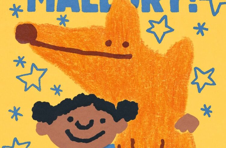 A yellow illustrated children's book cover with a child and a large orange dog