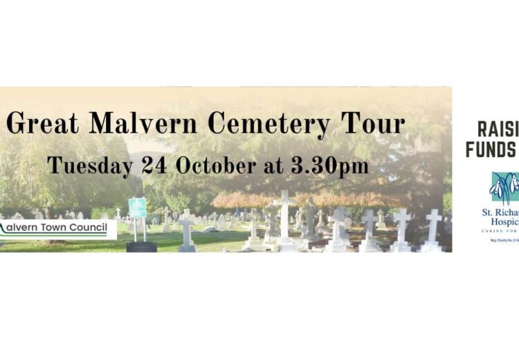 Gravestones in Great Malvern Cemetery with text giving date and time of tour: 24 October 2023 at 3.30pm