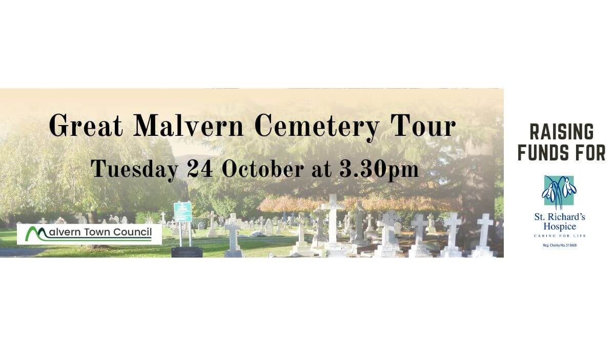 Gravestones in Great Malvern Cemetery with text giving date and time of tour: 24 October 2023 at 3.30pm