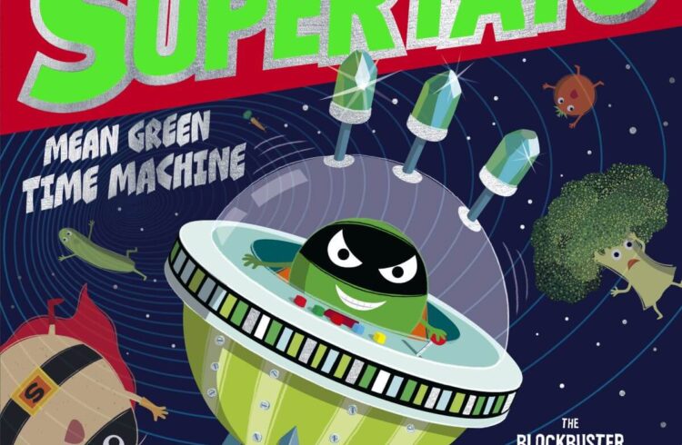 An illustrated childrens book cover with a pea flying a spaceship through space