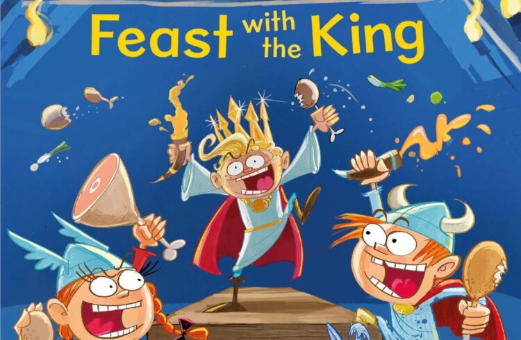 Blue illustrated children's book cover with three cartoon Vikings having a food fight