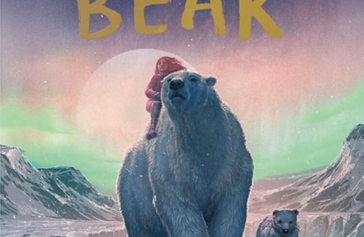 An illustrated children's book cover of a bear carrying a child with the icy northern lights as a backdrop
