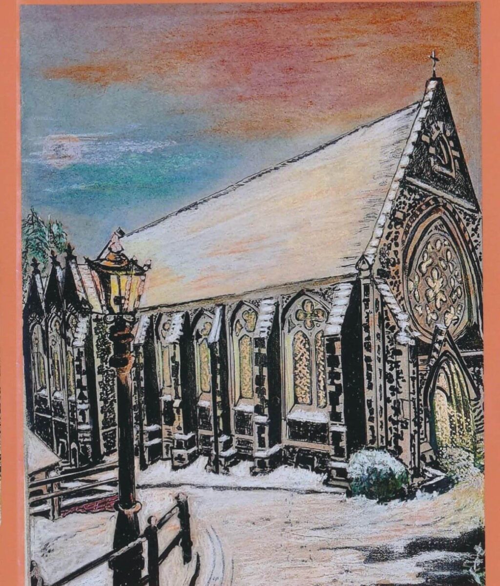 A snowy scene at a church
