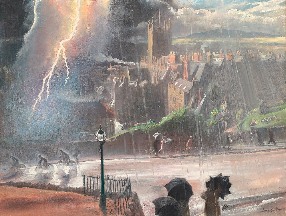Storm Over Our Town (oil on canvas), Knight, Laura (1877-1970) / Private Collection / Photo © Christie's Images / © Estate of Dame Laura Knight. All rights reserved 2023 / Bridgeman Images