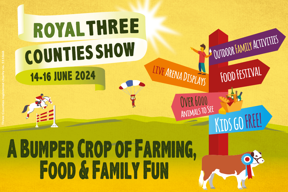 Royal Three Counties Show 2024 dates with signpost showing different attractions (see listing for details)