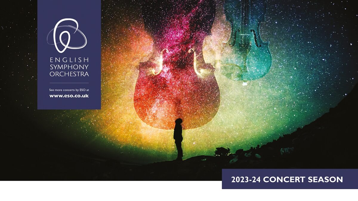 Image of the night sky with overlaid images of violins - ESO 2023/24 Concert Season
