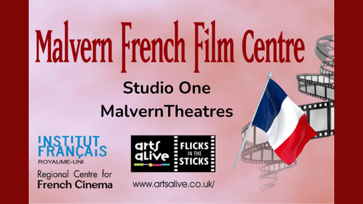 Malvern French Film Centre logo - old film reel with a French film through the middle