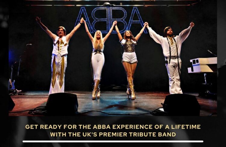 Black poster with gold writing and a picture of an abba tribute band