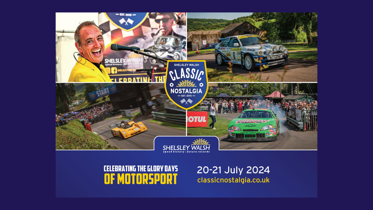 Poster for Classic Nostalgia - 3 photos of racing cars, 1 photo of the commentator.