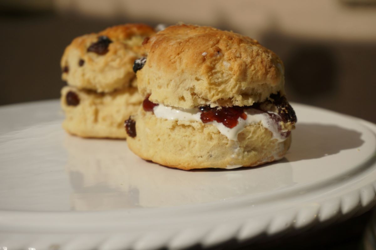 Two scones with cream and jam on a plate