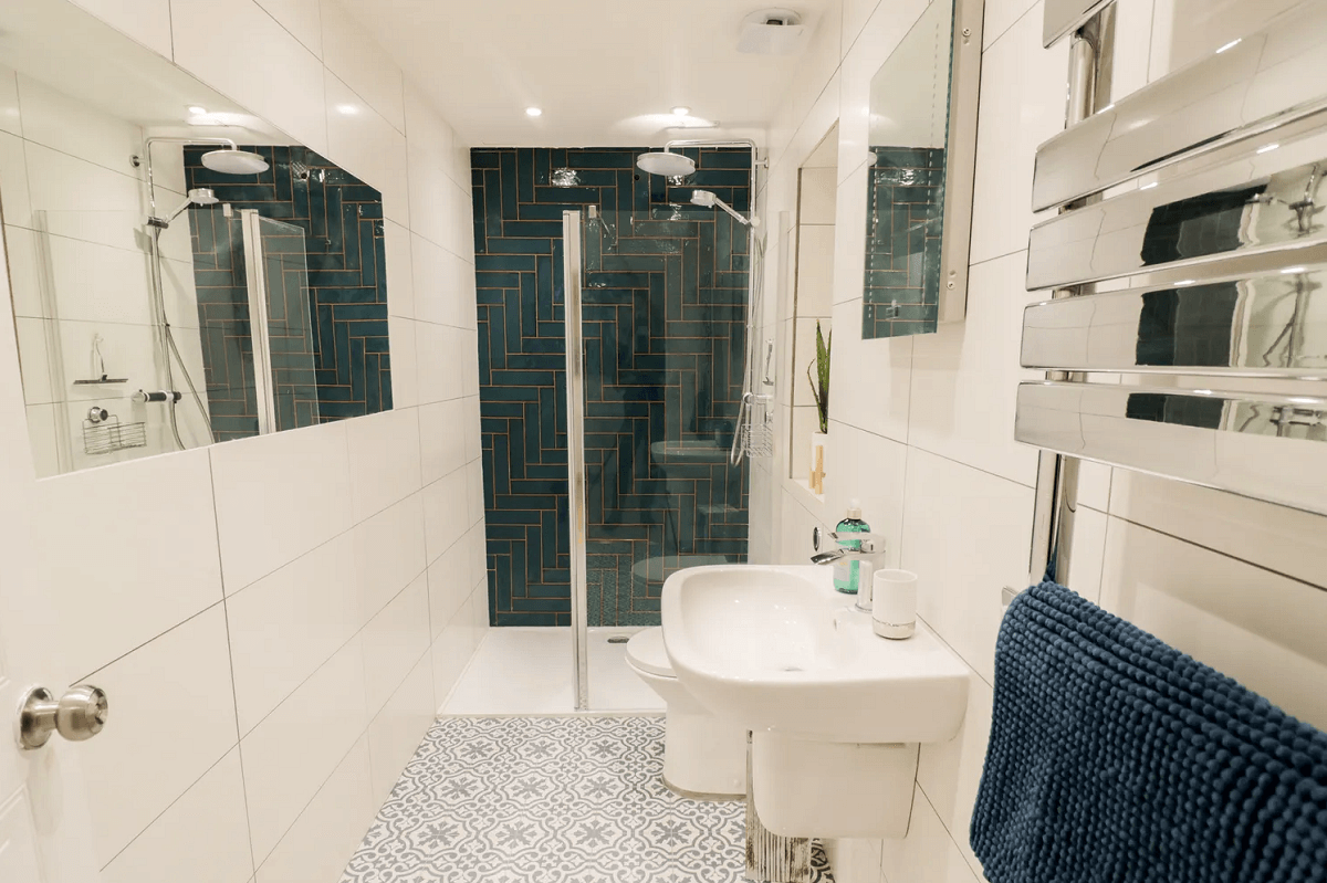 Bathroom with large shower and feature tiling