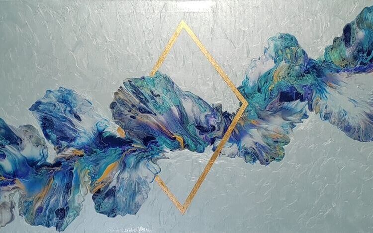 Abstract art with white. blue and gold colours