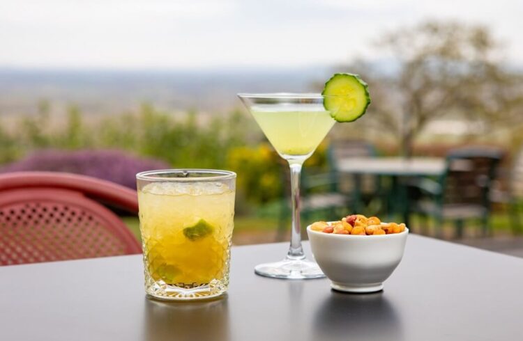 Drinks and snacks on an outdoor table with views over the Severn Plain