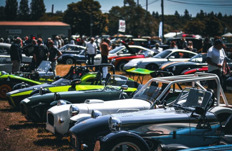 Kit cars of various colours and types lined up in a field with visitors walking around to see the cars