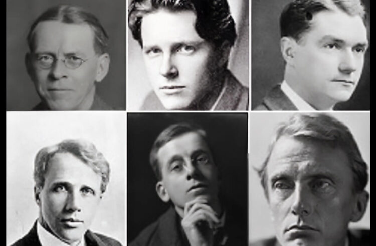 Black-and-white photos of the faces of the Dymock Poets