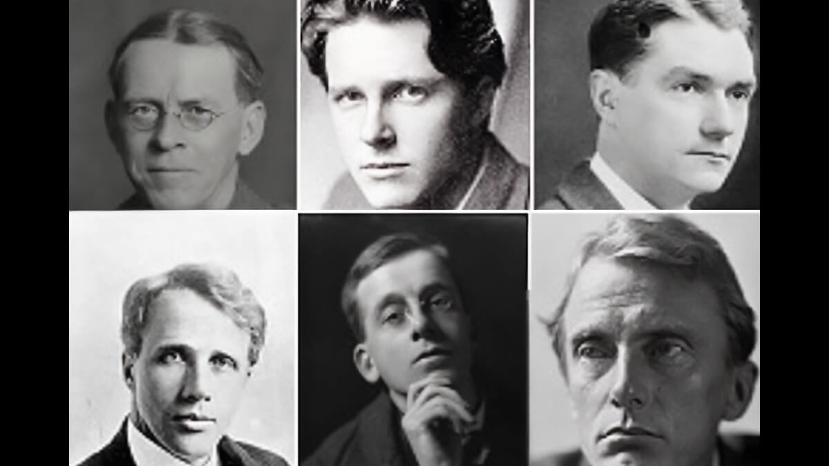 Black-and-white photos of the faces of the Dymock Poets