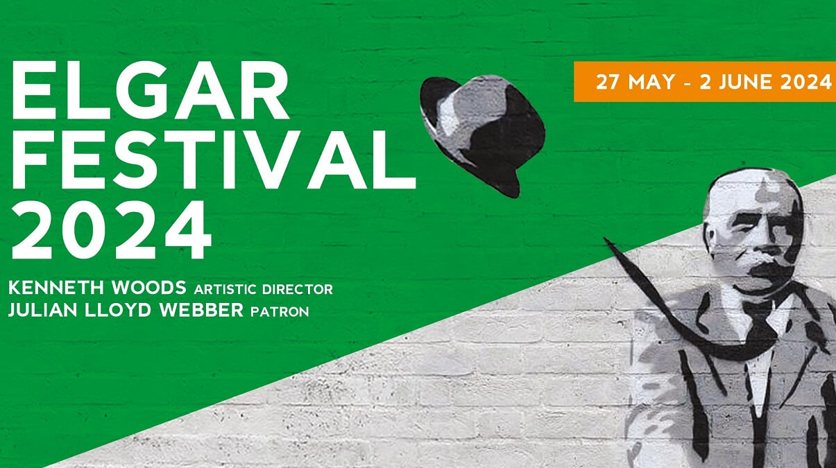 Elgar Festival branding 2024 with graffiti-style image of Sir Edward Elgar