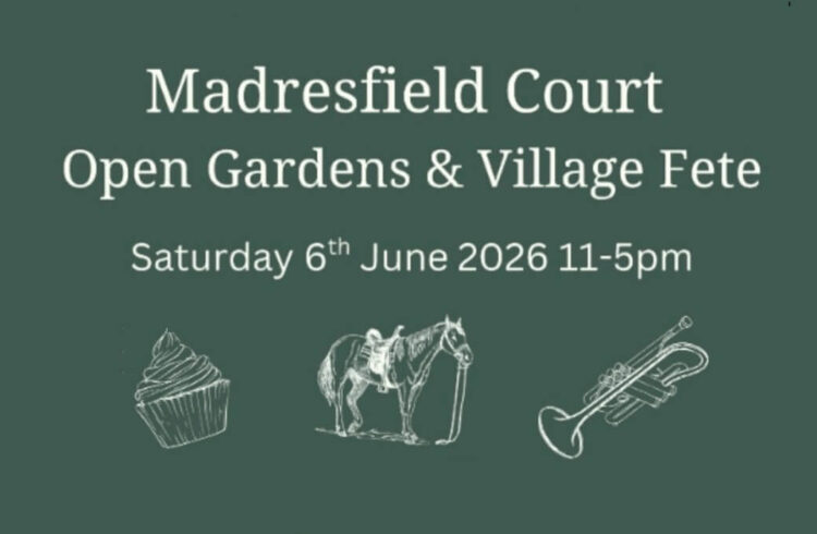 Advert for Madresfield Fete: green background with images of cake, horse and instrument