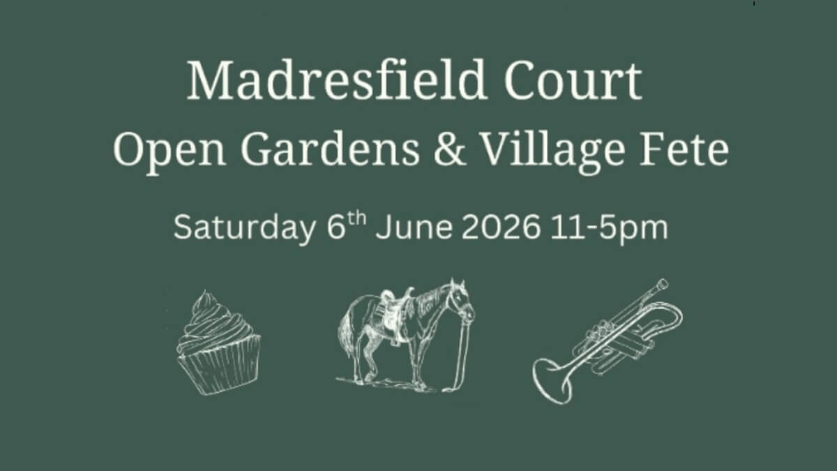 Advert for Madresfield Fete: green background with images of cake, horse and instrument