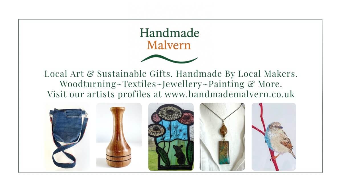 An image showing various examples of work by members of Handmade Malvern, including jewellery, stained glass, woodwork, painting etc.
