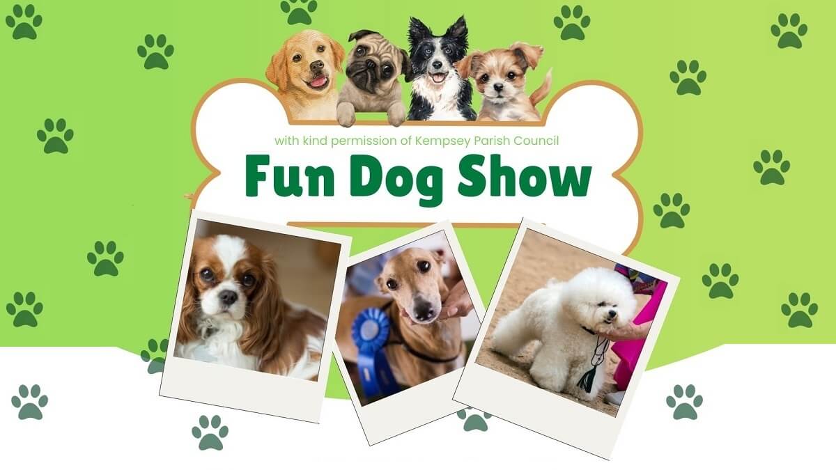 Artwork for the fun dog show, incorporating photos of dogs and pawprints