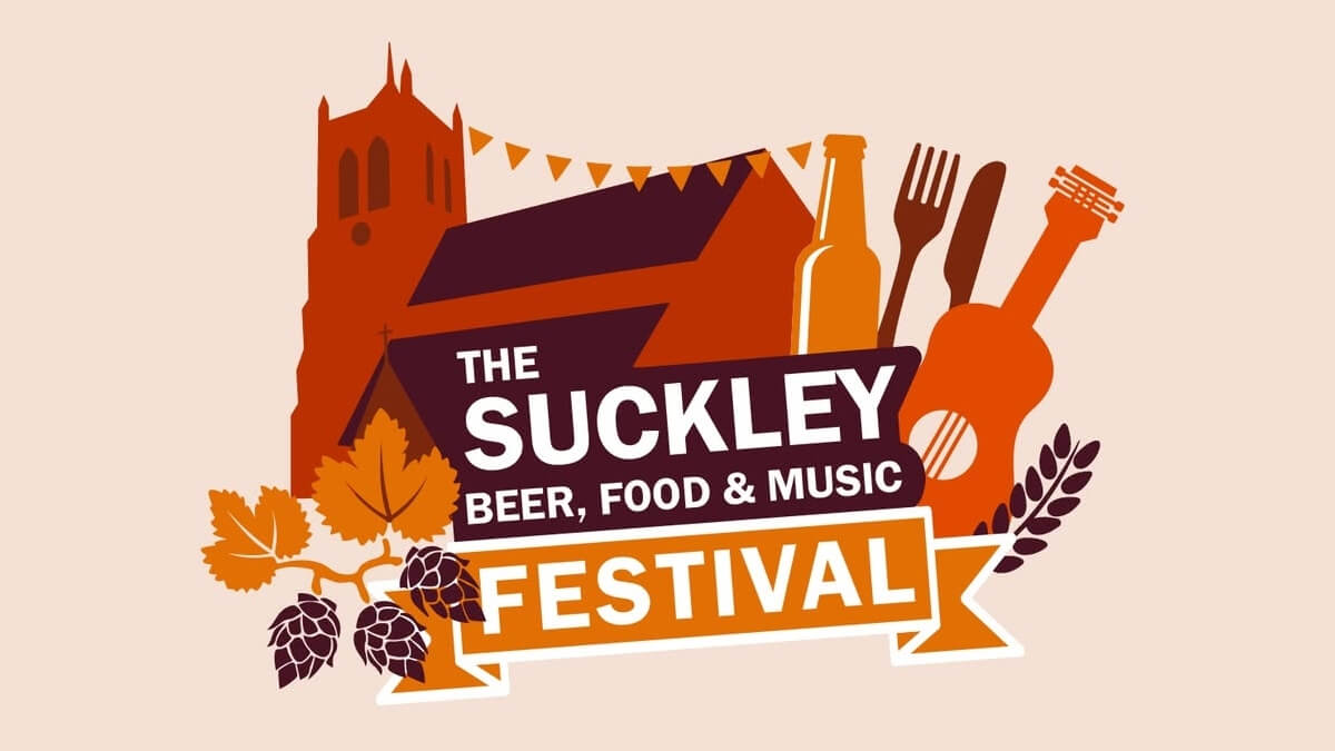 A logo in autumnal shades showing a church, instruments, knife and fork etc.