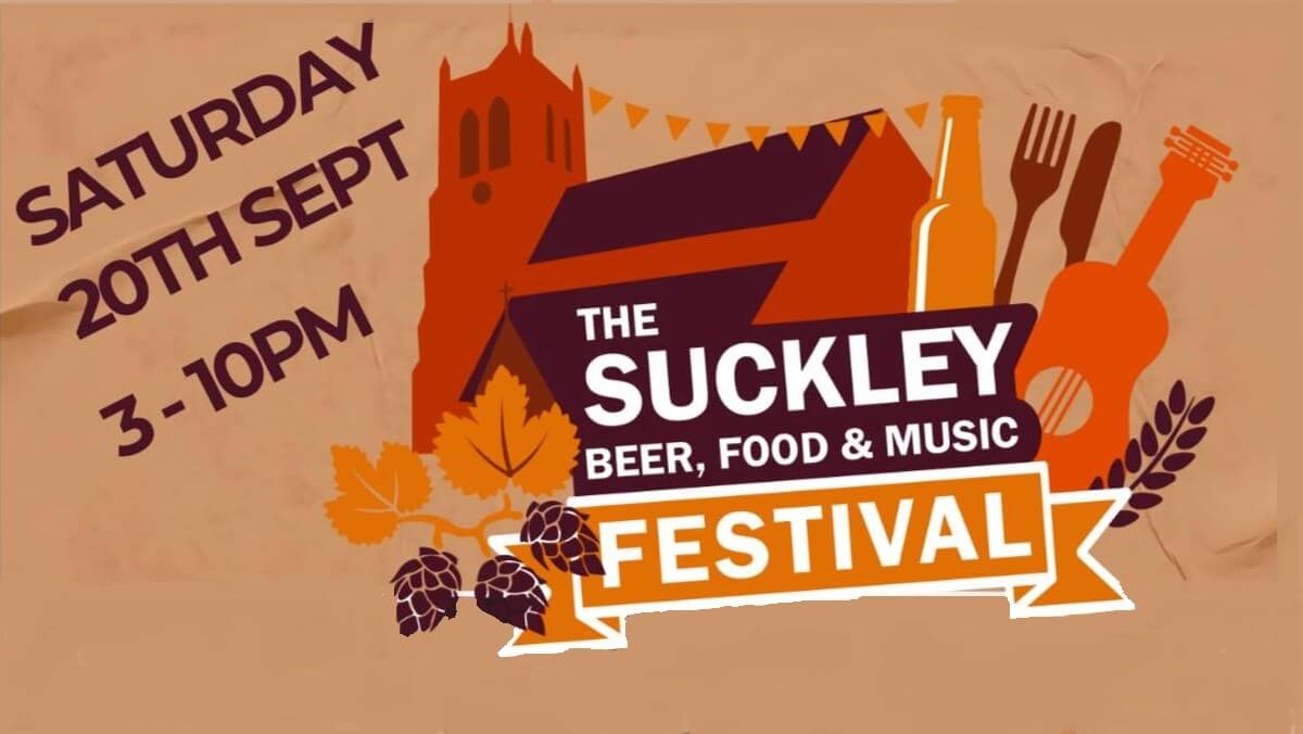 A picture of a church, food and drink items and a guitar, advertising the Suckley Festival