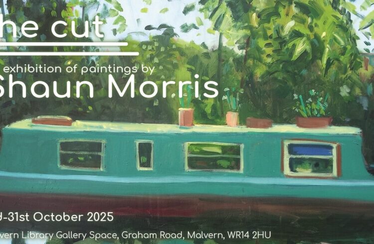 A painting of a green canal boat with trees in the background