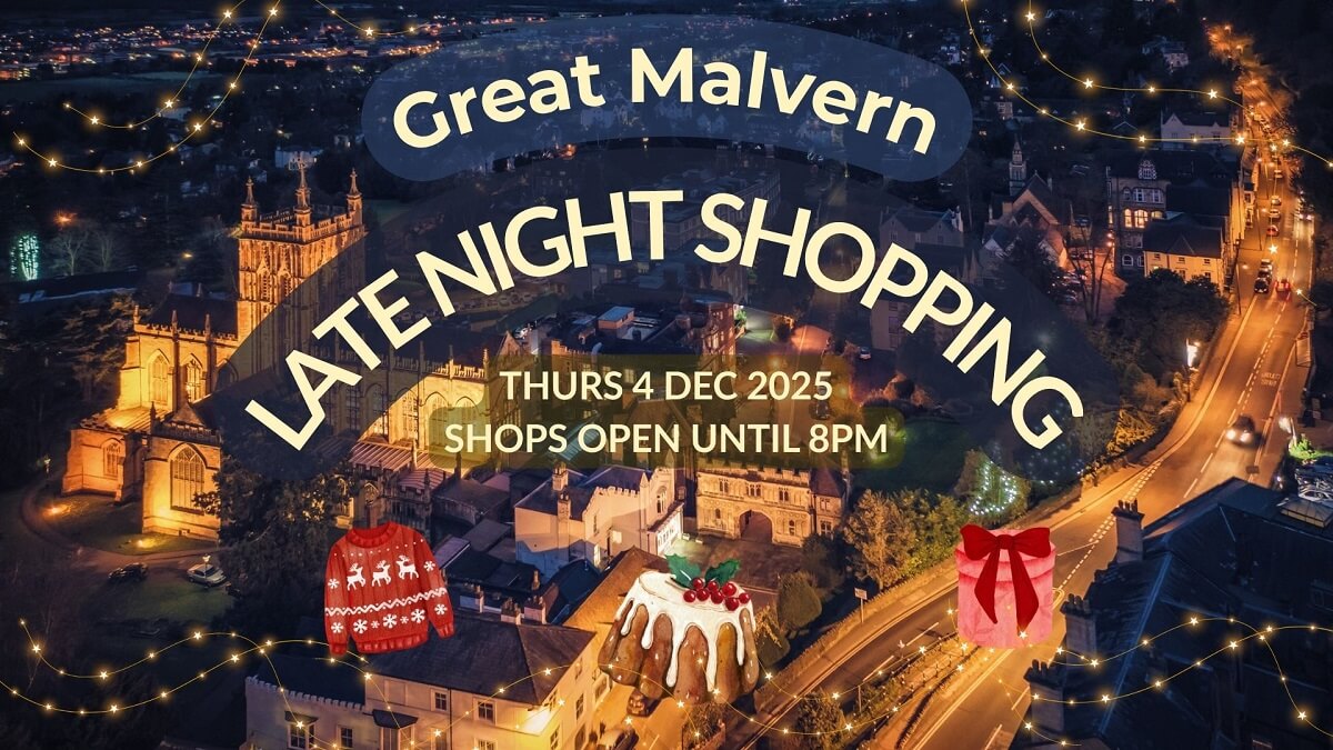 An aerial view of the centre of Great Malvern at night, with images of Christmas gifts and food superimposed