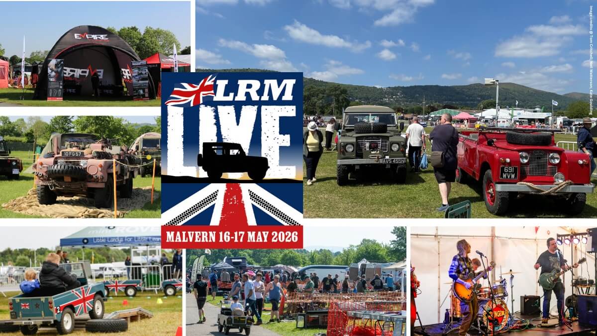 A montage of photos from previous events, showing Land Rovers, displays, stalls and a band
