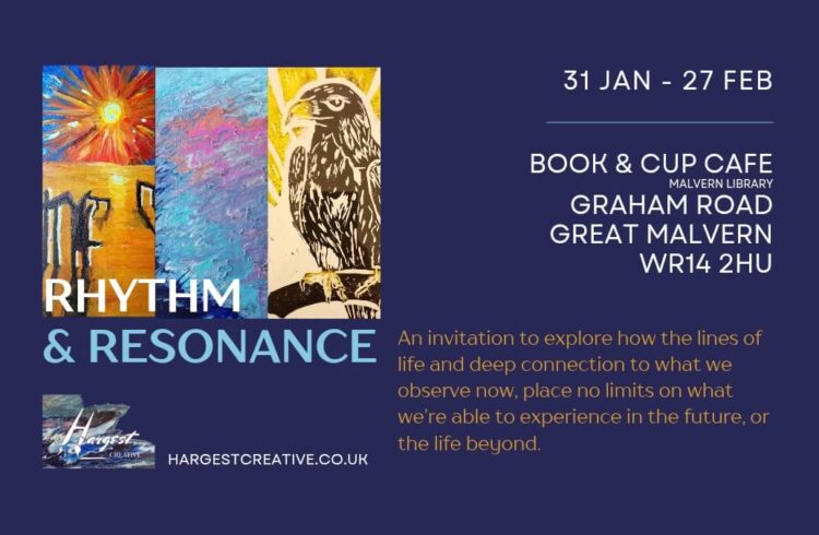 A banner with blue background with colourful images and details of the exhibition