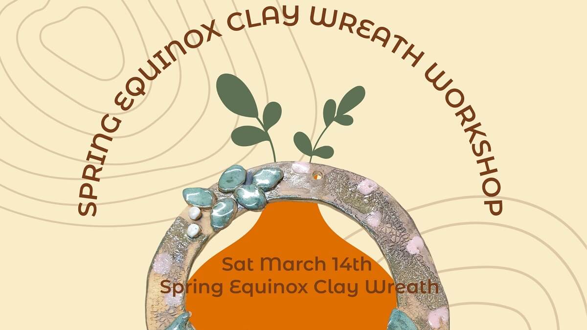 Advert for clay wreath workshop showing an example of a wreath