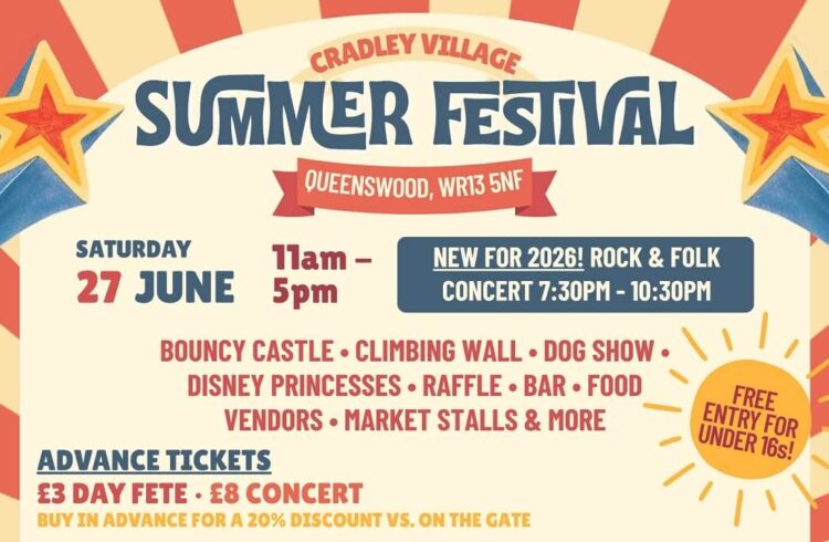 Advert for Cradley Summer Festival 2026, with stripes, sun and stars (see event description for details)