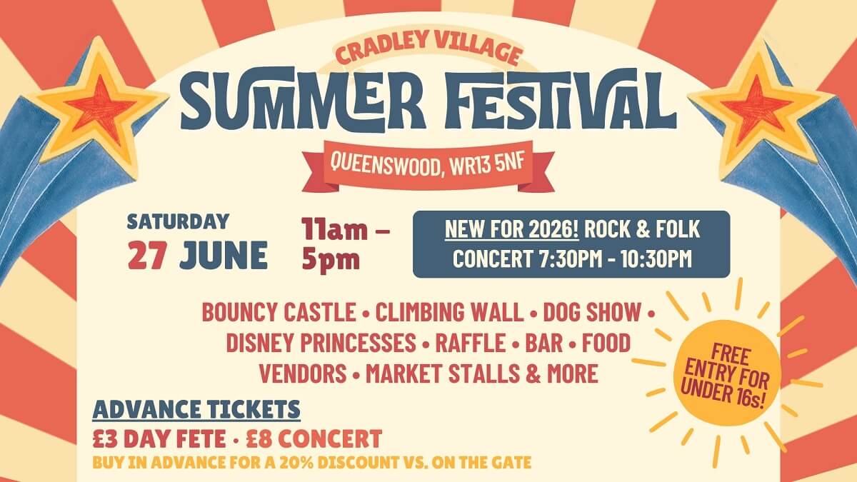 Advert for Cradley Summer Festival 2026, with stripes, sun and stars (see event description for details)