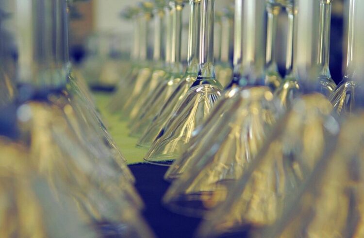 A number of glasses on a table