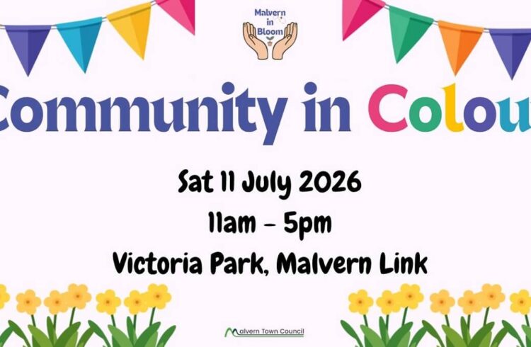 Advert for Community in Colour event, with bunting at top and flowers at bottom