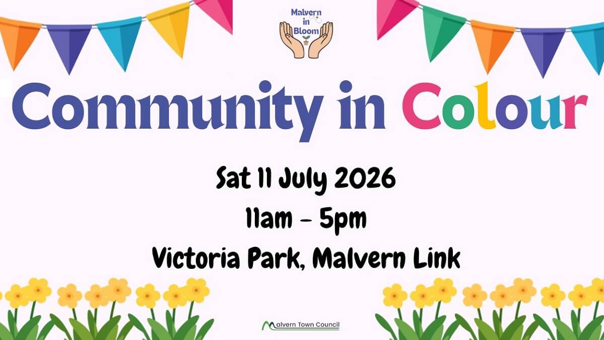 Advert for Community in Colour event, with bunting at top and flowers at bottom